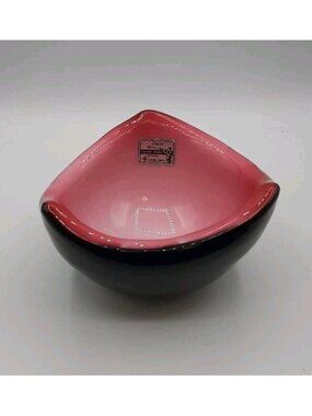 Vintage Handmade Crystal Biomorphic Candy Nut Bowl Pink and Black Italy Sticker